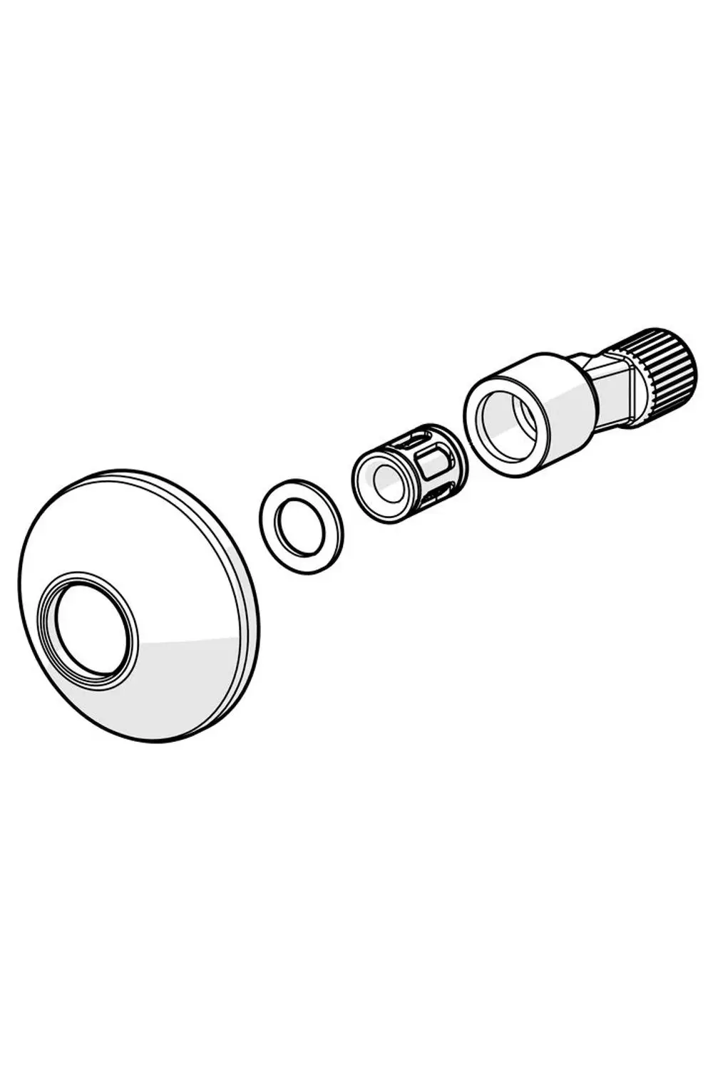 Sichtbare Komponenten eines S-Anschlusses von HANSA, bestehend aus einer runden Basis, einem Dichtungselement und weiteren Verbindungsstücken für Wasserleitungen.